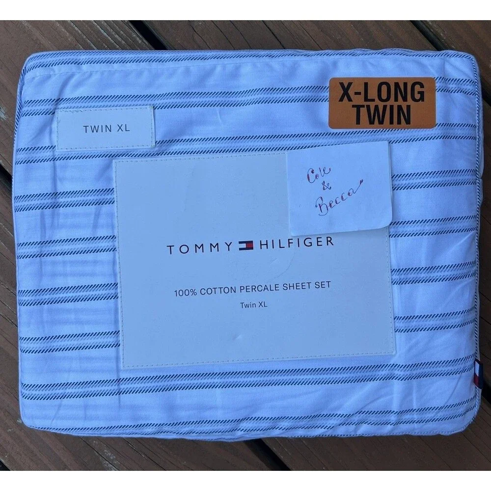 Tommy Hilfiger TWIN XL Sheet Set Rhode Island White Blue Stripe Cotton Percale